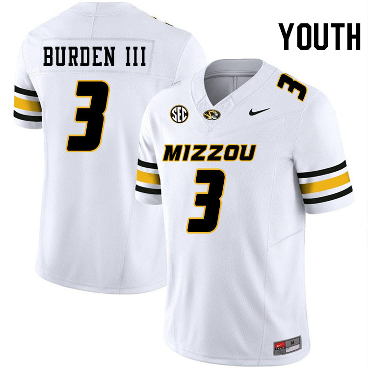 Youth #3 Luther Burden III Missouri Tigers College Football Jerseys Stitched-White